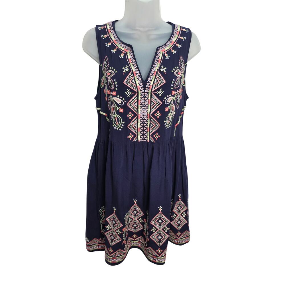 Savanna Jane Embroidered Boho Dress Women's M Navy Southwestern Pockets